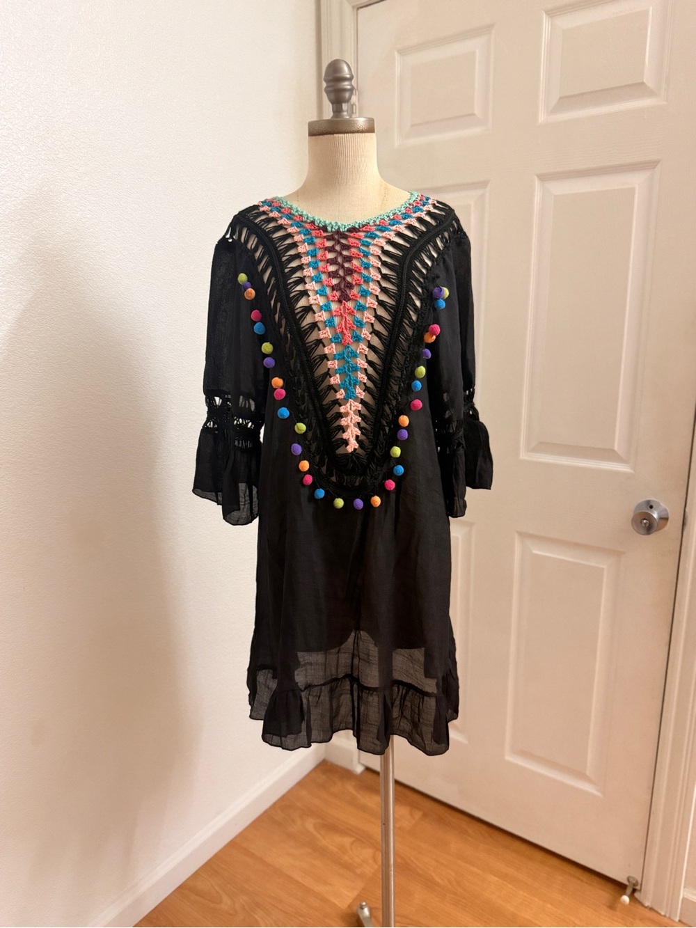 Beach By Exist Black Crochet Cover-Up with Coral, Aqua & Teal Pom Trim